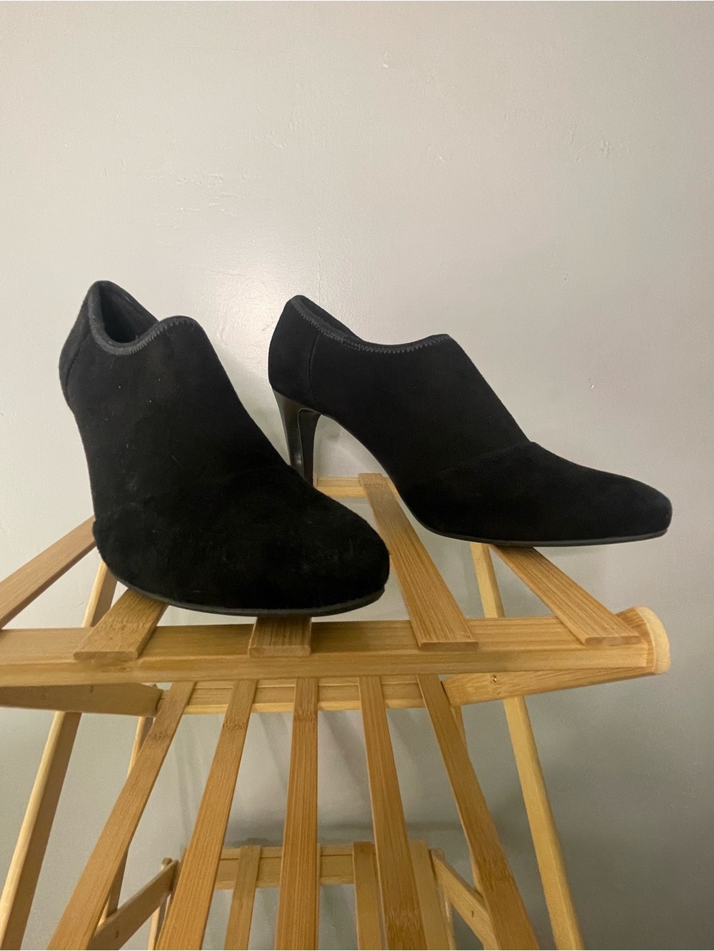 Ecco Black Suede Pointed Toe Slip-On Bootie Heels